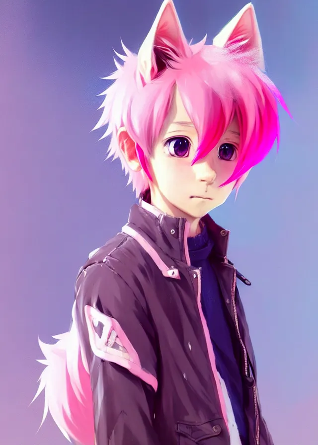 Image similar to portrait of a cute anime boy with pink hair and pink wolf ears and pink wolf tail wearing stylish clothes in a city | | highly detailed digital art painting by ruan jia, cory loftis, jeremy mann. artstation, pinterest, volumetric lighting, subsurface scattering, photorealistic, octane render, random artists