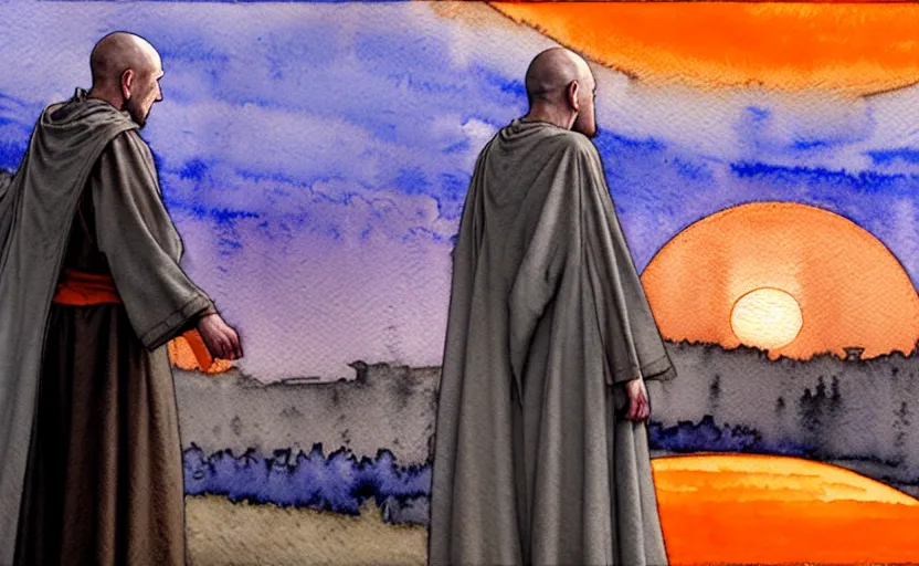 Image similar to a hyperrealist watercolor concept art of a medieval monk in grey robes with an orange sunset sky. in the background is a time portal acting as a window to a different world showing a bright blue sky. very muted colors, by rebecca guay, michael kaluta, charles vess. high detail, hq, wide shot, 4 k