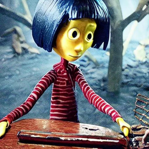 Prompt: a still of from the movie coraline crossover with the movie predator