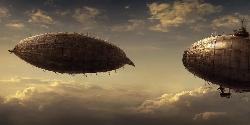 Prompt: Steampunk zeppelin airship cruising through the clouds, digital art, desktop background
