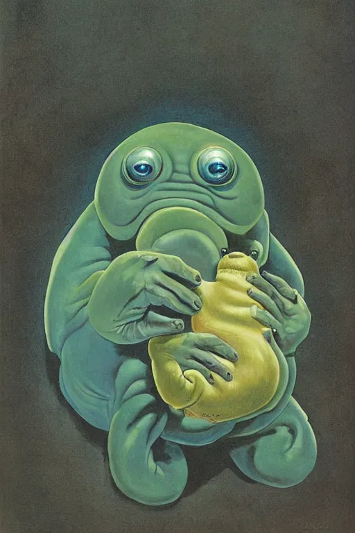 Image similar to giant tardigrade retro japanese monster slimy leather, poster, painting, 7 0 s vintage art, by georgia o keeffe, by gustave dore