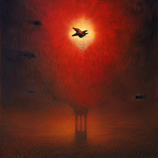 Image similar to hundreds flying birds, shining light, by beksinski, shining light, clouds, architecture, Award winning. Masterpiece, detailed illustration