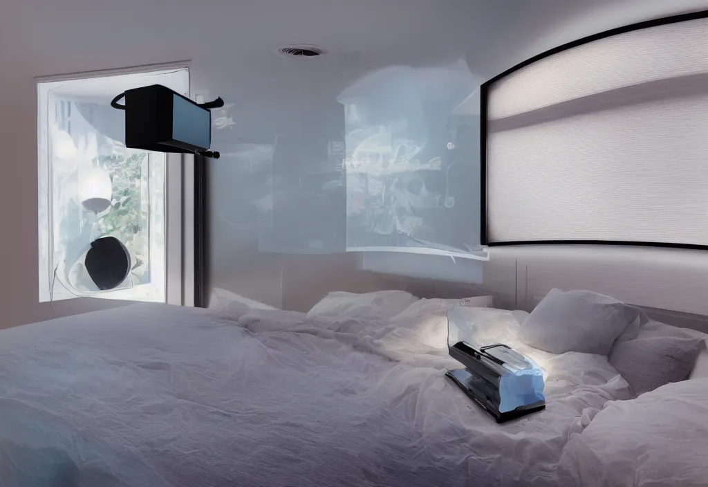 Image similar to curved transparent tv, volumetric lighting, bedroom, visor, users, pair of keycards on table, bokeh, creterion collection, shot on 7 0 mm, instax