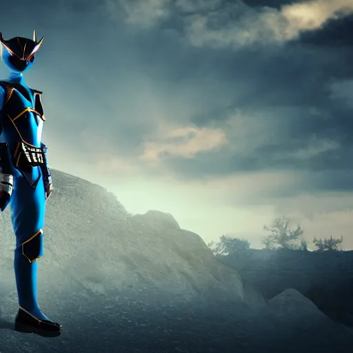 Image similar to High Fantasy Kamen Rider standing in a rock quarry, full body, 4k, glowing eyes, daytime, rubber suit, dark blue segmented armor, dragon inspired armor