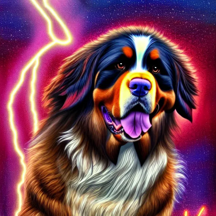 Image similar to an anthropomorphic male bernese mountain dog as zeus, shooting lightning bolts from his paws, by alex grey, intricate details, artstation, furry, psychedelic, hd, beautiful