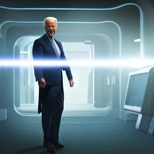 Prompt: Joe Biden as a Jedi knight, standing in a spaceship corridor. He has a blue lightsaber in his hand, and the light from it illuminates the scene. Industrial light and magic. Filmic. Heavy atmosphere. Photorealism.