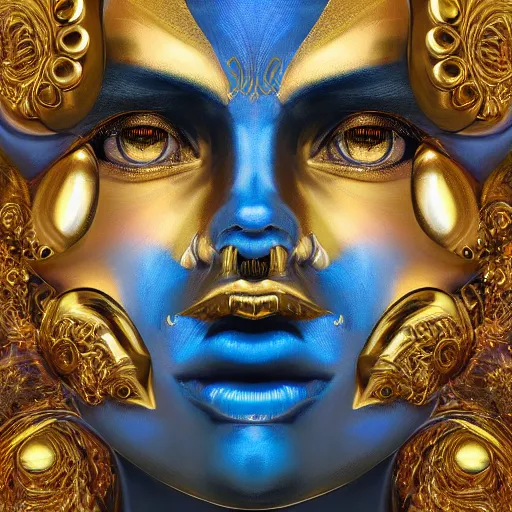 Image similar to a beautiful symmetrical face made of golden ornaments by alex gray and android jones , Karol Bak, Ayami Kojima, Amano , 3D, 8k resolution