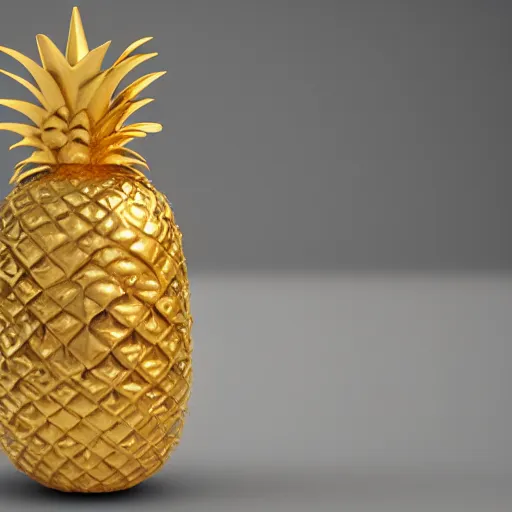 Prompt: 3 d render of a hovering gold liquid covered pineapple, with a slight sparkle and iridescent texture aainst a pink backdrop with slight sadow underneath ophotorealistic, 4 k, cgsociety, blender, unreal engine 5, sharp details, 3 0 0 dpi