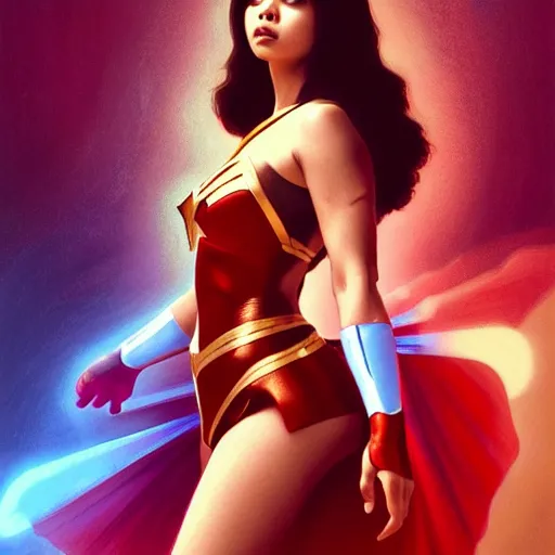 Image similar to young angel locsin as darna, volumetric lights, red and cyan theme, art nouveau botanicals, intricate, highly detailed, digital painting, artstation, concept art, smooth, sharp focus, cinematic, illustration, beautiful face, art by artgerm and greg rutkowski and alphonse mucha