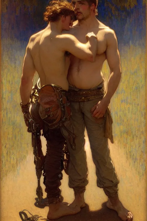 Prompt: a homoerotic painting by gaston bussiere, craig mullins, alphonse mucha j. c. leyendecker of two men in love standing back to back | bandoliers, shirtless, leather clothing | natural lighting, path traced, highly detailed, high quality, digital painting, trending on artstation