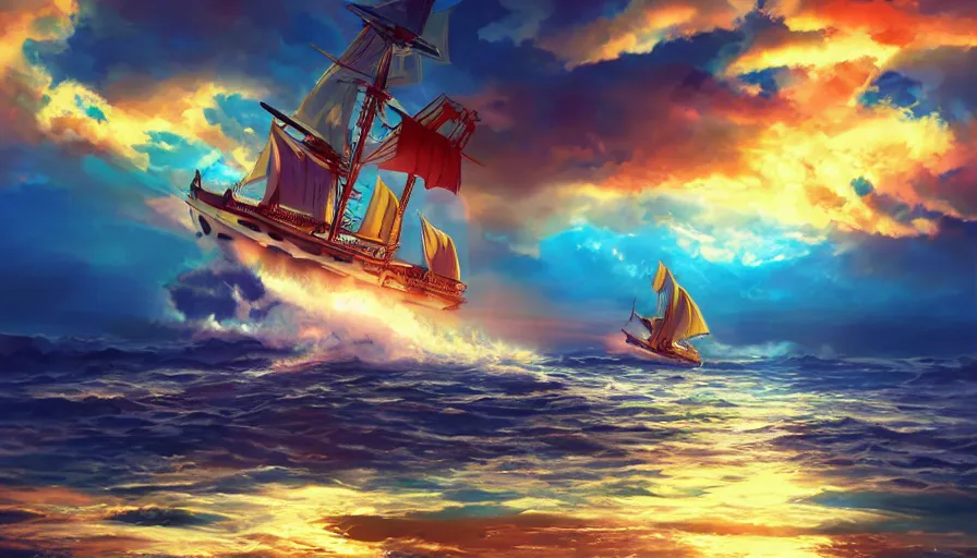 Image similar to one piece ship sailing, dynamic sky, sun sunset, with blue light piercing through clouds, makoto shinkai, royal blue colors, lighting refraction, volumetric lighting, pixiv art, highly detailed, anime art, symmetrical, wlop, anime art