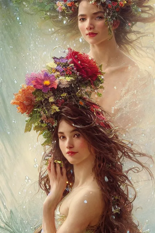 Image similar to portrait of a beautiful mysterious woman holding a bouquet of flowing flowers, wet dripping long hair, hands hidden under the bouquet, emerging from the water, fantasy, regal, intricate, by stanley artgerm lau, greg rutkowski, thomas kindkade, alphonse mucha, loish, norman rockwell