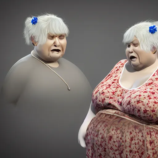 Prompt: of a very funny scene. ambient occlusion render. a sweet fat old woman is in kissing her huge belly. flowery dress. mirror. symmetrical face, red mouth, blue eyes. deep focus, lovely scene. ambient occlusion render. concept art. unreal engine.