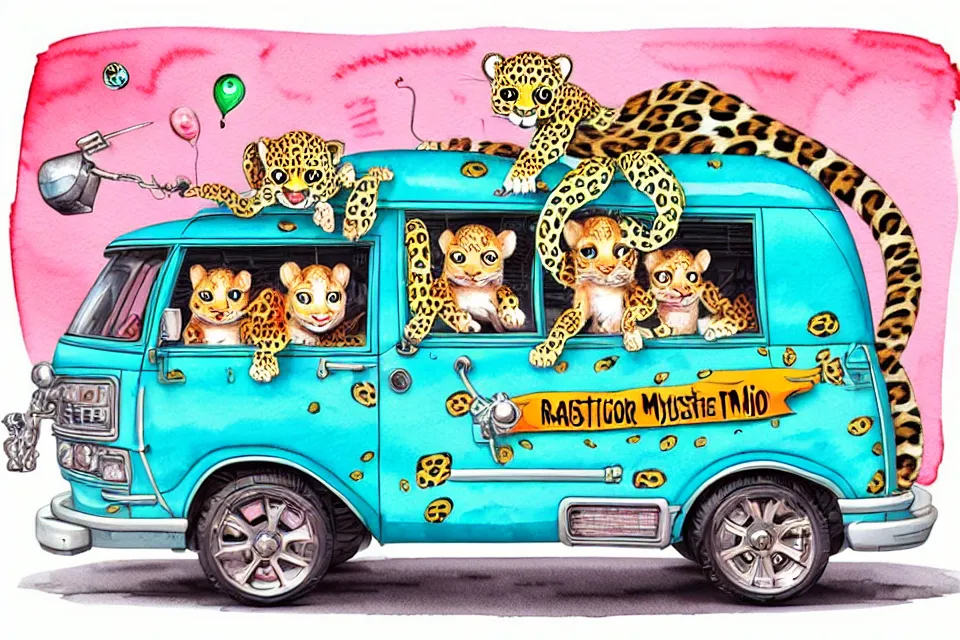 Prompt: cute and funny, baby leopard riding in a mystery machine van, ratfink style by ed roth, centered award winning watercolor pen illustration, isometric illustration by chihiro iwasaki, edited by range murata, tiny details by artgerm and watercolor girl, symmetrically isometrically centered, sharply focused