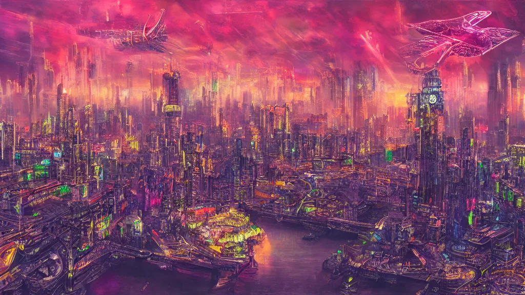 Prompt: a Cyberpunk city, Big Ben, the Westminster, River Thames, flying aircrafts, neon, highly detailed oil painting, epic fantasy art, abstraction, masterpeice, 8k