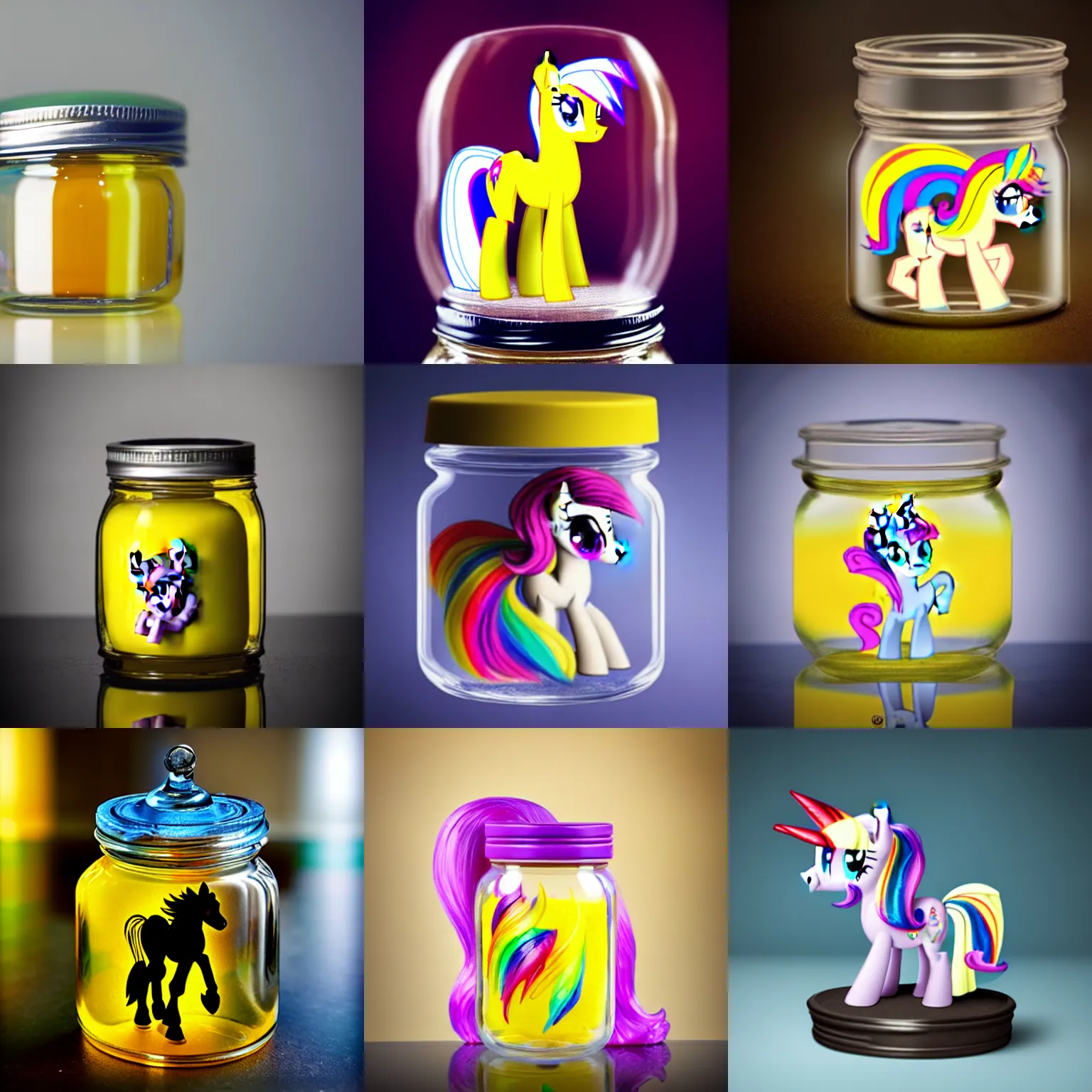 Prompt: beautiful photograph of my little pony figurine in a jar covered in mysterious sticky yellowish fluid, studio lightning