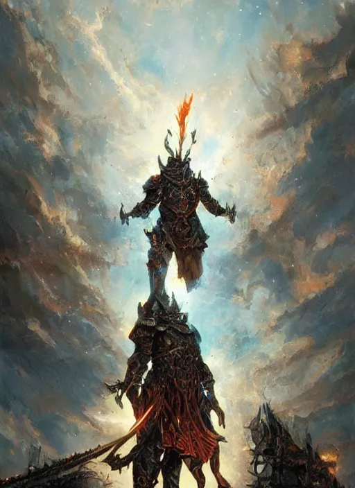 Prompt: a flame knight posing in front of the night sky, intricate, highly detailed, artstation, concept art, perfect composition, dynamic lighting, volumetric lighting, illustration, sharp focus, art by ralph horsley and greg rutkowski