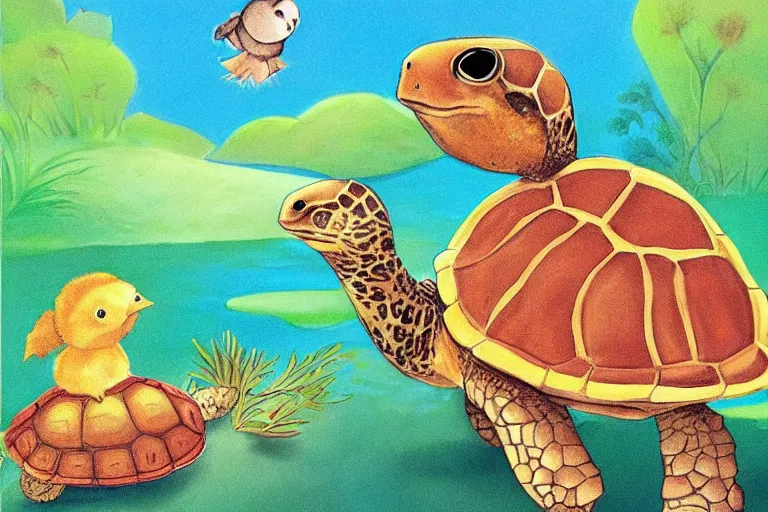 Image similar to turtle and chick, children's book illustration, beautiful