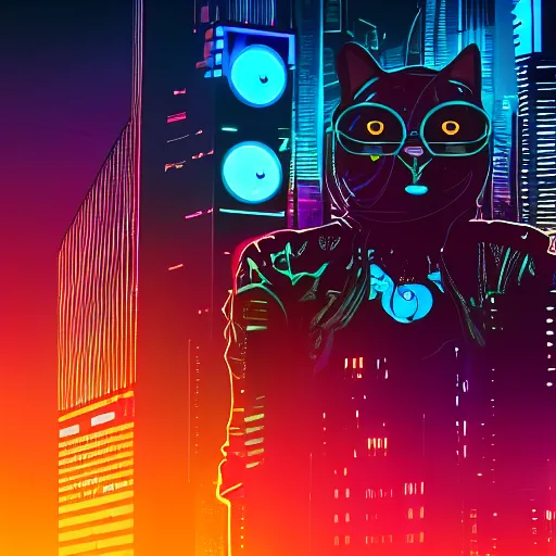 Prompt: Synthwave cat with cybernetic limbs and laser eyes in front of a cyberpunk cityscape. Cyberpunk, dark, 8k resolution .