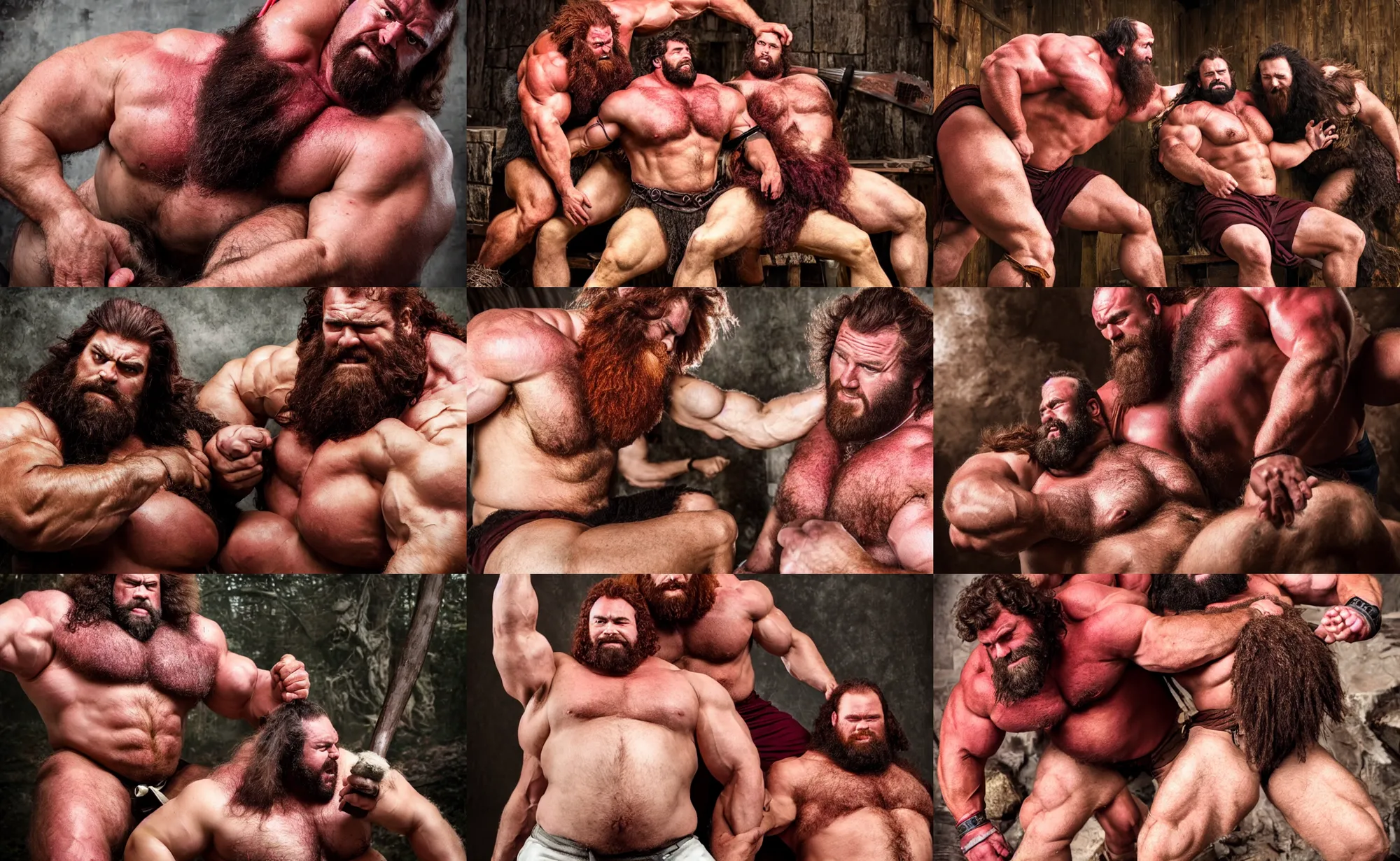 Prompt: big hairy thick masculine barbarian strongman king with massive muscle and dark red hair petting the his lean male servants, photography, highly detailed, epic, high definition, 4 k, 8 k, dad energy