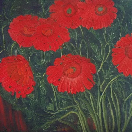 Prompt: oil painting of many various red flowers on a dark background, painted by Sandro Botticelli, the flowers are floating and are seen from the side, dark atmosphere, realistic flowers oil painting