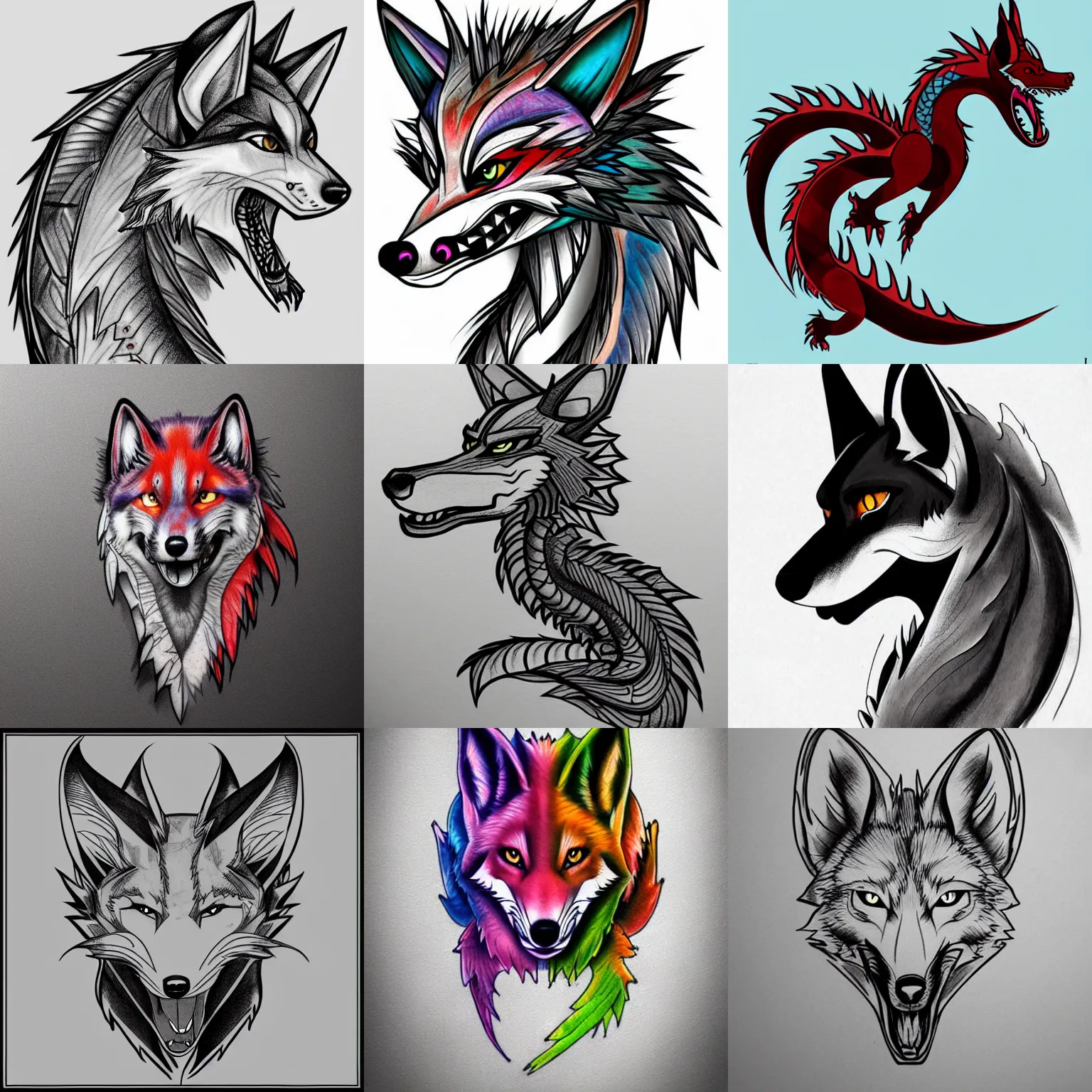 Prompt: colored dragon - husky - fox - hybrid tattoo concept art, line art, 4 k hd, realistic, simplistic,