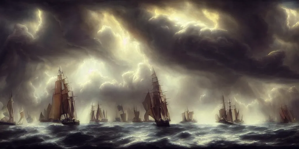 Prompt: Tallships sailing through cumulonimbus clouds, by Rolf Armstrong and Evelyn De Morgan and Bastien Lecouffe-Deharme, dramatic lighting, high contrast colors, baroque, empyrean, panoramic view, as trending on Artstation, highly detailed, doom engine,