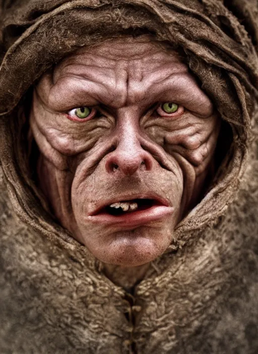 Prompt: closeup portrait of a startled medieval goblin, depth of field, zeiss lens, detailed, symmetrical, centered, fashion photoshoot, by annie leibovitz and steve mccurry, david lazar, jimmy nelsson, breathtaking, 8 k resolution, extremely detailed, beautiful, establishing shot, artistic, hyperrealistic, beautiful face, octane render