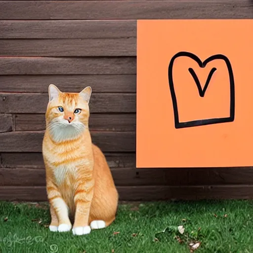 Prompt: cute colossal standing orange tabby cat holding a sign that says