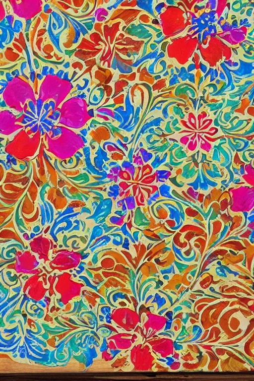 Image similar to beautiful colorful slavic floral pattern painted in acrylic on reclaimed wood