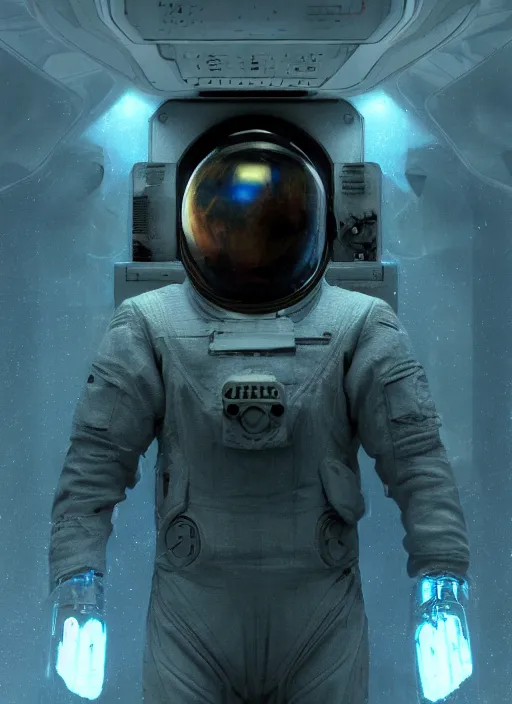 Image similar to concept art by craig mullins astronaut in futuristic dark and empty spaceship underwater. infrared glowing lights. complex and hyperdetailed technical suit. reflection and dispersion materials. rays and dispersion of light. volumetric light. 5 0 mm, f / 3 2. noise film photo. flash photography. unreal engine 4, octane render. interstellar movie art