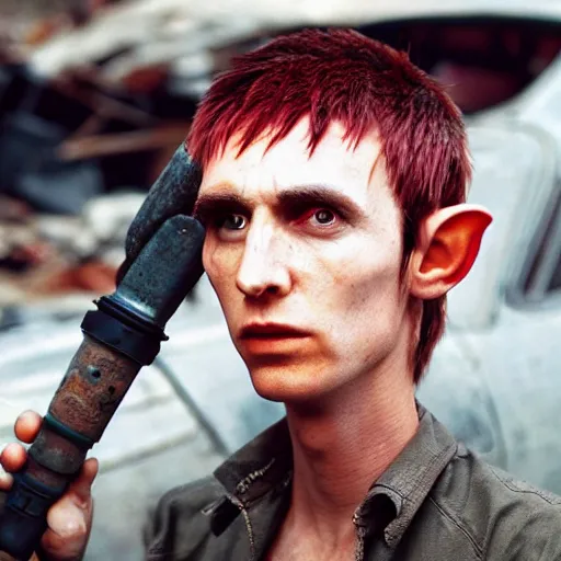 Image similar to close up headshot of a skinny high-fantasy elf with a long face narrow chin and spiky blonde hair wearing dark brown overalls and holding a bomb next to a destroyed car, gel spiked hair, high resolution film still, HDR color