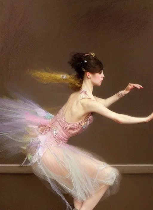 Image similar to a beautifull intricate pastel painting of a dancing ballerina, reflexions, verry high details by william turner art, greg rutkowski and alphonse mucha, trending on artstation, very very detailed, masterpiece, muted colors