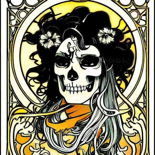 Image similar to anime manga skull portrait angel angelic cartoon skeleton illustration style by Alphonse Mucha pop art nouveau