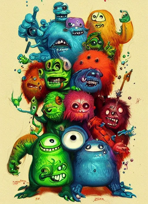 Image similar to cute monsters, colorful, digital art, fantasy, magic, trending on artstation, ultra detailed, professional illustration,chalk, poster artwork by Basil Gogos , clean