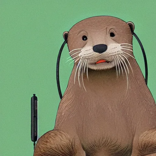 Image similar to an otter using overear headphones, in the style of ghibli animations