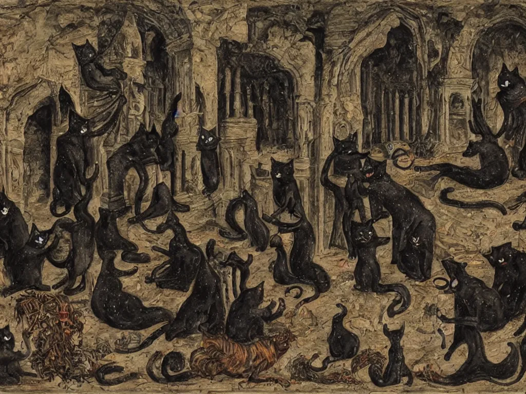 Prompt: the group of cats dressed in ritual hoodies performing strange black magick ritual in a dark gothic temple of antichrist