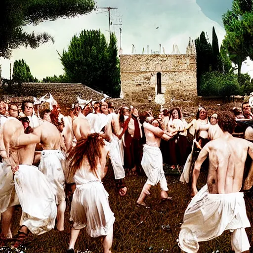 Image similar to Puglia, Italy midsommar satanic ritual, spiritual, movie still, photograph, realistic, hyper detailed