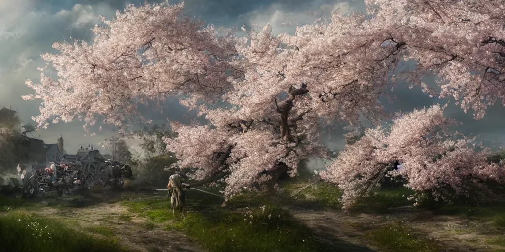 Image similar to tornado of blooming cherry blossoms petals sweeping through farmland, dim volumetric lighting, 8 k octane beautifully detailed render, post - processing, extremely hyper - detailed, intricate, epic composition, cinematic lighting, masterpiece, trending on artstation, detailed detailed detailed, stunning art by anders zorn, wonderful masterpiece by greg rutkowski, beautiful cinematic light