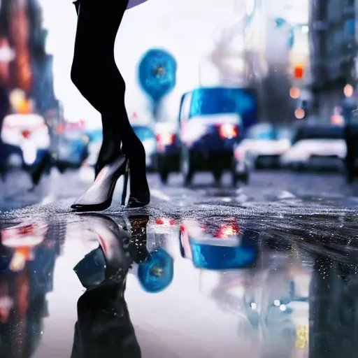 Image similar to close up of a womans high-heel shoe stepping into a shallow rain puddle on a busy crosswalk, by Leonid Afremov, reflections, matte painting, hyperrealism