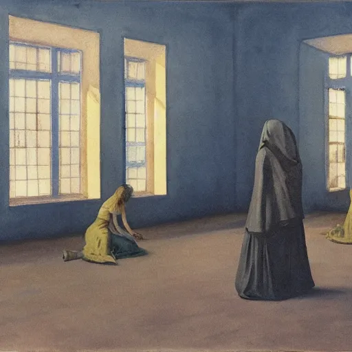 Image similar to procession of women in a blue and gold haunted liminal abandoned temple, watercolor by gottfried helnwein, by hammershøi, art noveau, highly detailed, lights by edward hopper, liminal, eerie, bright pastel colors