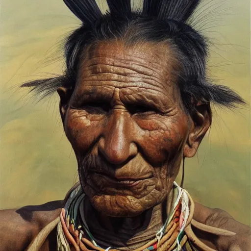 Image similar to high quality high detail painting by lucian freud, hd, full body of a indigenous tribe leader, photorealistic lighting