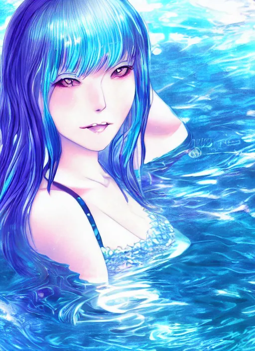 Prompt: a woman with blue hair sitting underwater, a beautiful anime drawing by yuumei, featured on pixiv, rayonism, pixiv, seapunk, anime, detailed