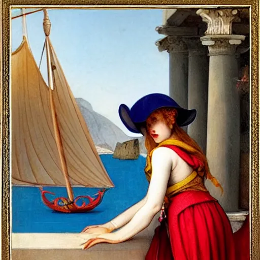 Image similar to A girl with jester hat and clothes on a greek archi circle on the front of a Balustrade with a beach and a sail boat on the background, major arcana cards, by paul delaroche, hyperrealistic 8k, very detailed