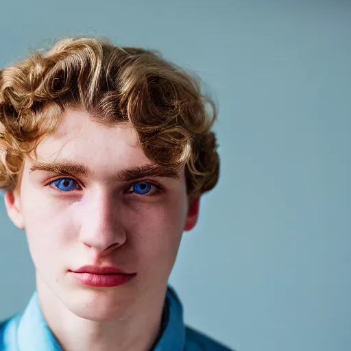 Image similar to close up of 1 8 year old man with wavy / curly light blonde hair, blue eyes, pale complexion, wearing 1 9 5 0 s clothing, 8 5 mm f / 1. 4