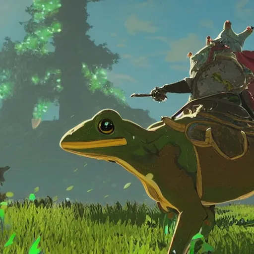 Image similar to a warrior frog riding a gigantic riding a gigantic fly in breath of the wild