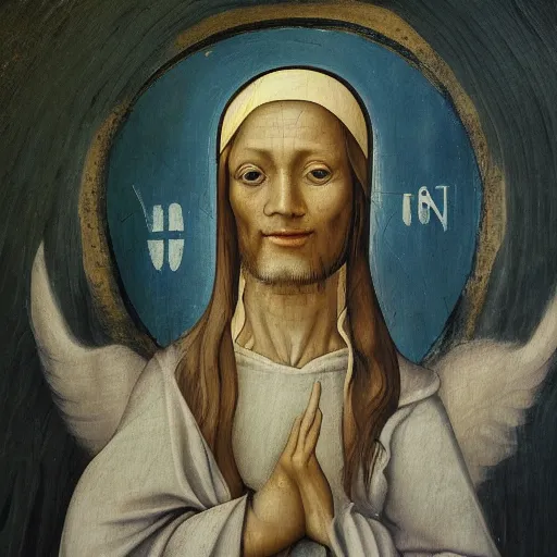 Prompt: realistic medieval painting portrait of white angel with clean narrow face like noface, 3 / 4, miracle light coming up from the head up and up, misty space, grace and blessing, sfumato effect by hieronymus bosch, by leonardo da vinci, renaissance, christianity, glow effect, white background