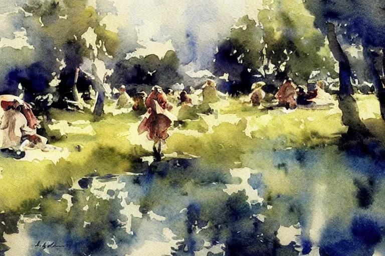 Prompt: abstract watercolor painting of first summer day, midsummer scandinavia, cinematic light, national romanticism by anders zorn