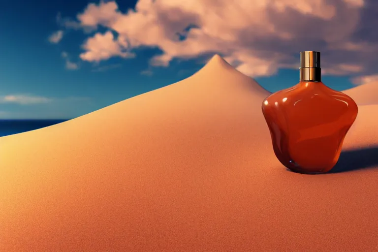 Image similar to perfume bottle buried in a sandy dreamy dune, marmelade orange colors, dramatic, mid day, sand dune background, large scale, hyperrealistic, lots of detail, realistic lighting, octane render, by wlop, artgerm, trending on artstation