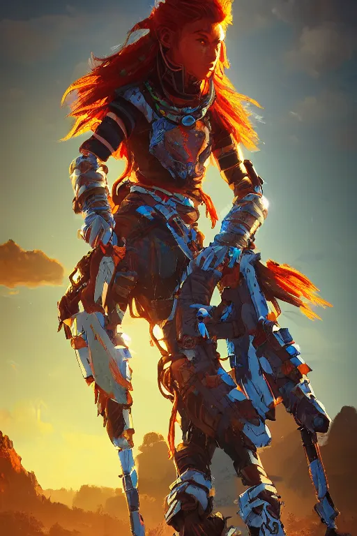 Image similar to combination suit armor aloy horizon forbidden west horizon zero dawn radiating a glowing aura global illumination ray tracing hdr fanart arstation by ian pesty and alena aenami artworks in 4 k tribal robot ninja mask helmet backpack